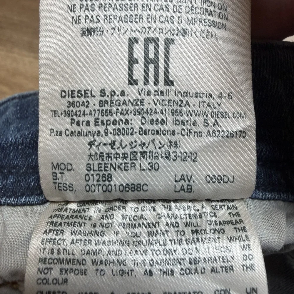 Diesel Sleenker‎ Jeans Men 30x30 Blue Slim Skinny Stretch Italy Whiskered 069DJ